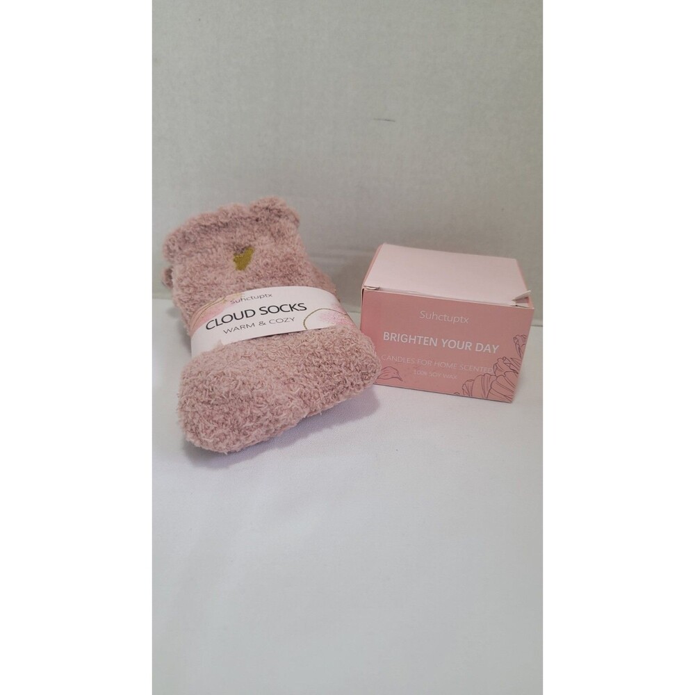 Pink and Gold Heart Fuzzy Lounge Socks Soy Scented Candle Self Care Gift Set New
